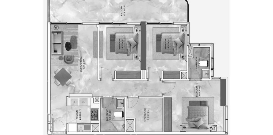 Планировка Квартиры «3BR» с 2 спальнями в ЖК California Residences