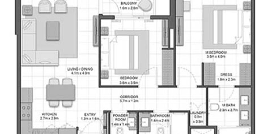 2 bedrooms Apartment floor plan «2BR-2» in CRYSTAL RESIDENCES