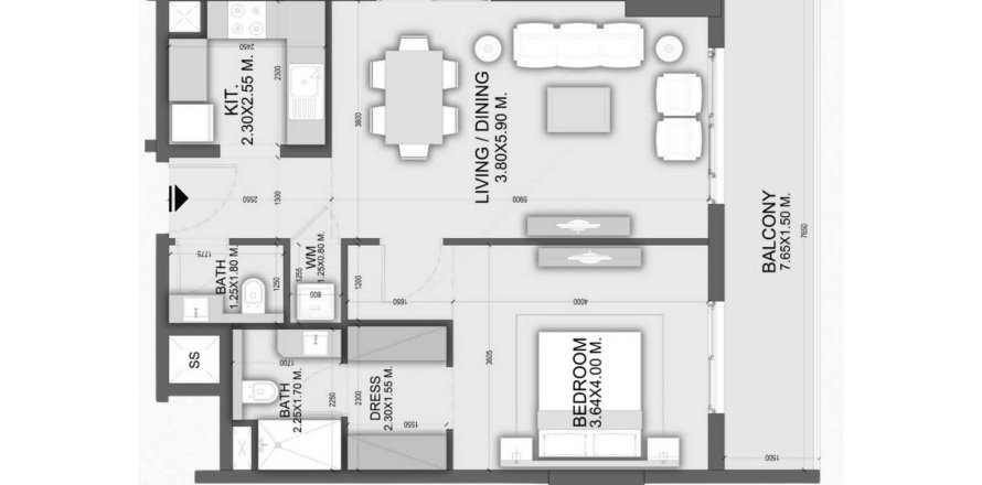 Планировка Квартиры «1BR» с 1 спальней в ЖК Dalmore Tower