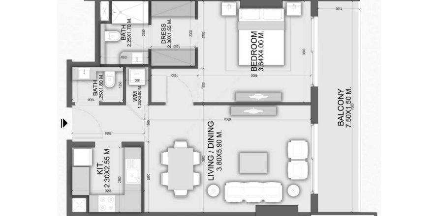 Планировка Квартиры «1BR» с 1 спальней в ЖК Dalmore Tower