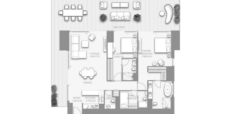 Планировка Квартиры «2BR» с 2 спальнями в ЖК Fairmont Residences Solara Tower Dubai