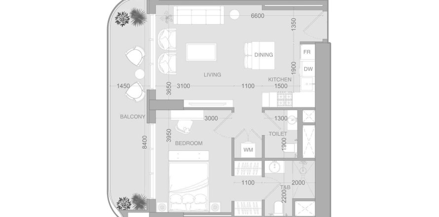 Планировка Квартиры «1BR» с 1 спальней в ЖК ALTA V1EW