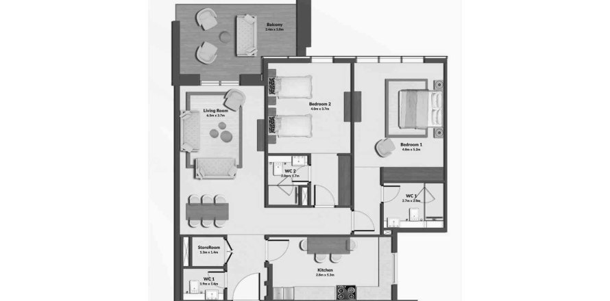 2 bedrooms Apartment floor plan «TYPE 1» in CRESSWELL RESIDENCES