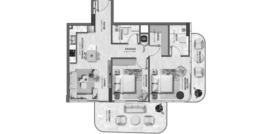 Квартира с 2 спальнями в Vedaire Residences, Meydan, ОАЭ №99258