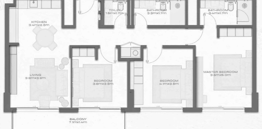 Планировка Квартиры «3BR» с 3 спальнями в ЖК Avenew 888