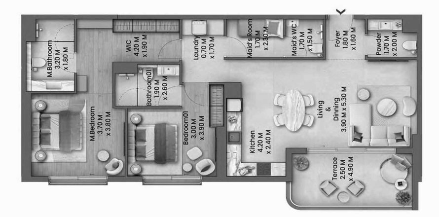 Планировка Квартиры «2BR» с 2 спальнями в ЖК Talea