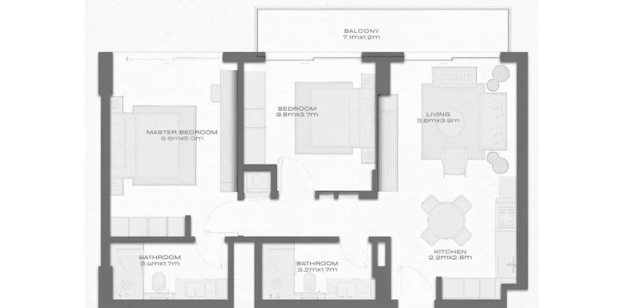 Планировка Квартиры «2BR» с 2 спальнями в ЖК Avenew 888