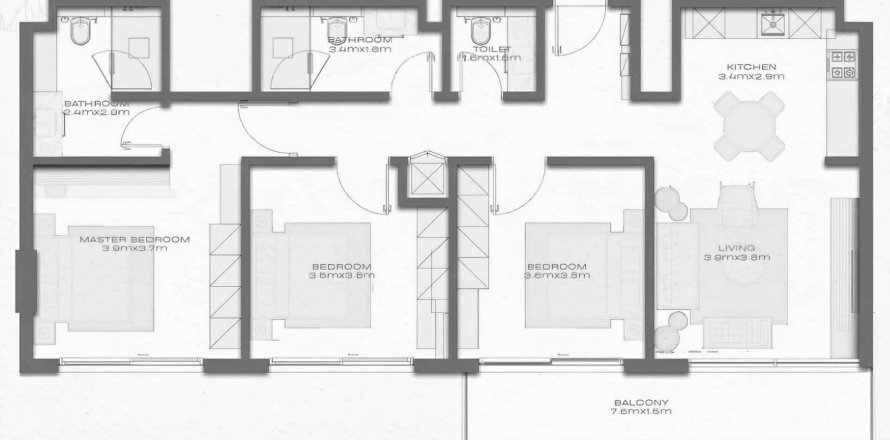 Планировка Квартиры «3BR» с 3 спальнями в ЖК Avenew 888