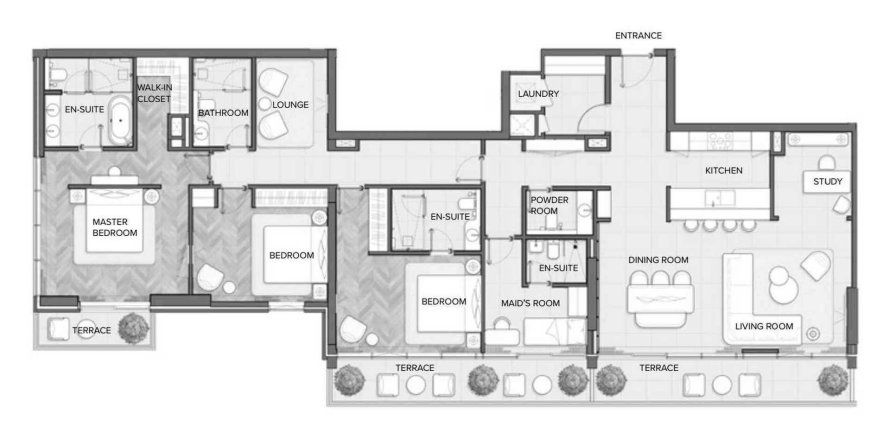 Планировка Квартиры «3BR» с 3 спальнями в ЖК Residences Du Port