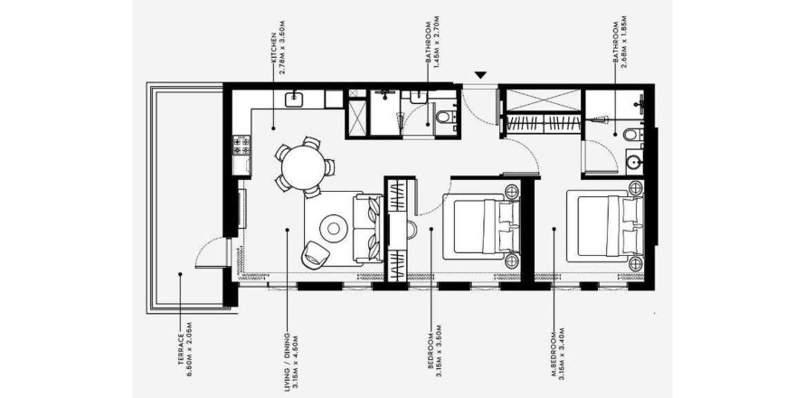 Планировка Квартиры «2BR» с 2 спальнями в ЖК BEACH OASIS 2
