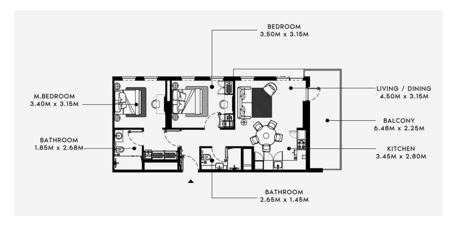 Планировка Квартиры «2BR» с 2 спальнями в ЖК BEACH OASIS 2