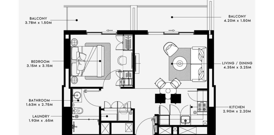 Планировка Квартиры «1BR» с 1 спальней в ЖК BEACH OASIS 2