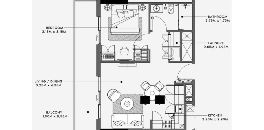 Планировка Квартиры «1BR» с 1 спальней в ЖК BEACH OASIS 2