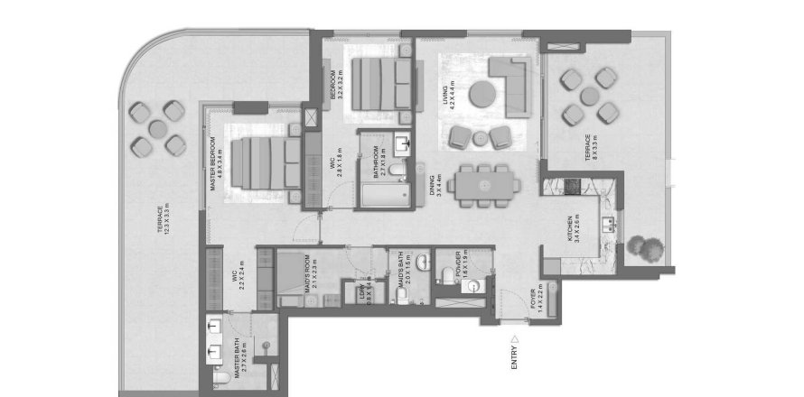 Планировка Квартиры «2BR» с 2 спальнями в ЖК Distrikt