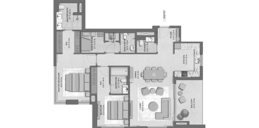 Планировка Квартиры «2BR» с 2 спальнями в ЖК Distrikt