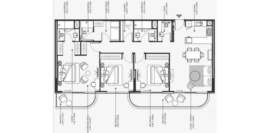 Планировка Квартиры «2BR» с 2 спальнями в ЖК Azizi Ameer