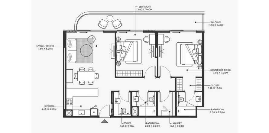 Планировка Квартиры «2BR» с 2 спальнями в ЖК Azizi Ameer
