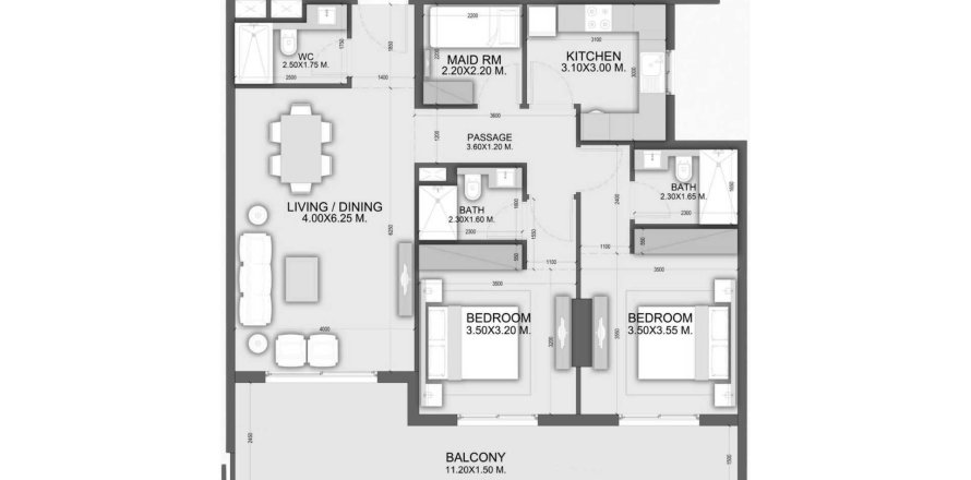 Планировка Квартиры «2BR» с 2 спальнями в ЖК Dalmore Tower