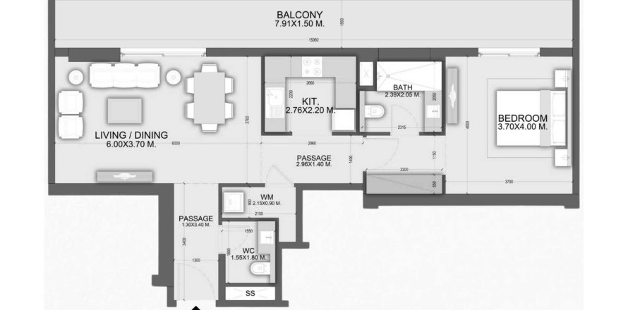 Планировка Квартиры «1BR» с 1 спальней в ЖК Dalmore Tower