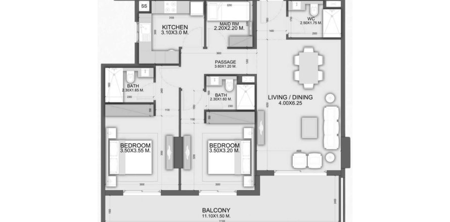 Планировка Квартиры «2BR» с 2 спальнями в ЖК Dalmore Tower