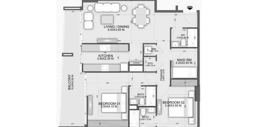 Планировка Квартиры «2BR» с 2 спальнями в ЖК Dalmore Tower