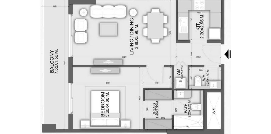 Планировка Квартиры «1BR» с 1 спальней в ЖК Dalmore Tower