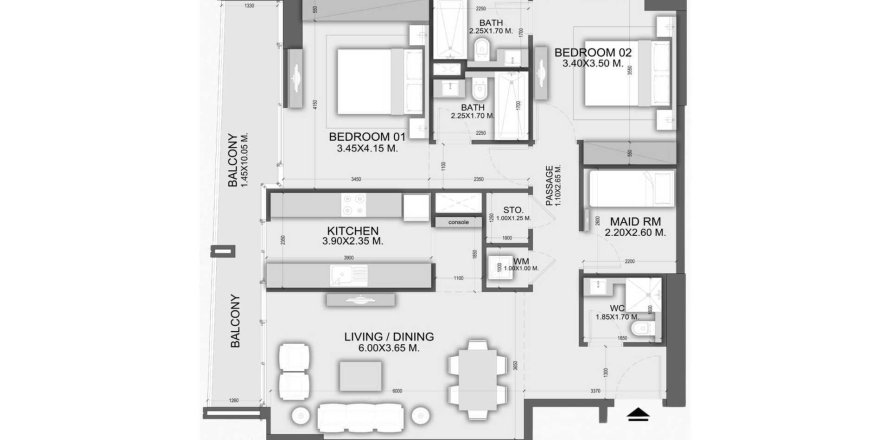 Планировка Квартиры «2BR» с 2 спальнями в ЖК Dalmore Tower