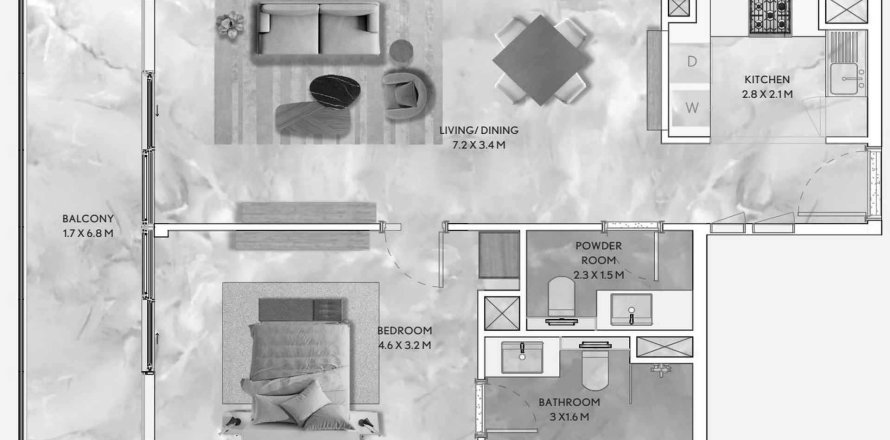 Планировка Квартиры «1BR» с 1 спальней в ЖК California Residences