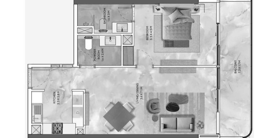 Планировка Квартиры «1BR» с 1 спальней в ЖК California Residences