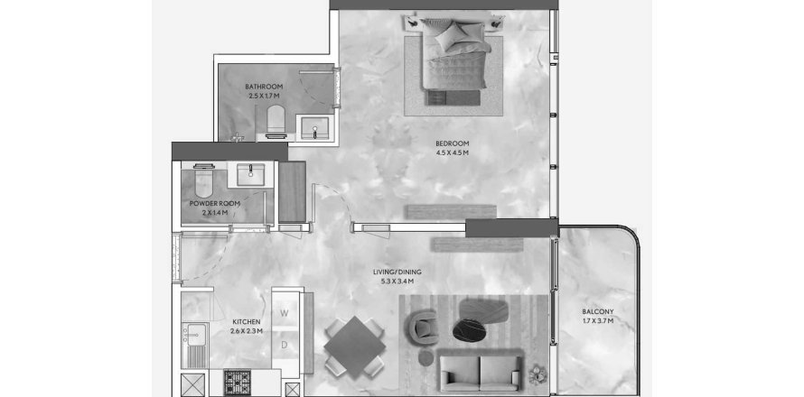 Планировка Квартиры «1BR» с 1 спальней в ЖК California Residences