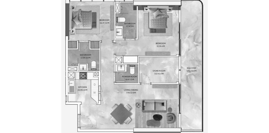 Планировка Квартиры «2BR» с 2 спальнями в ЖК California Residences