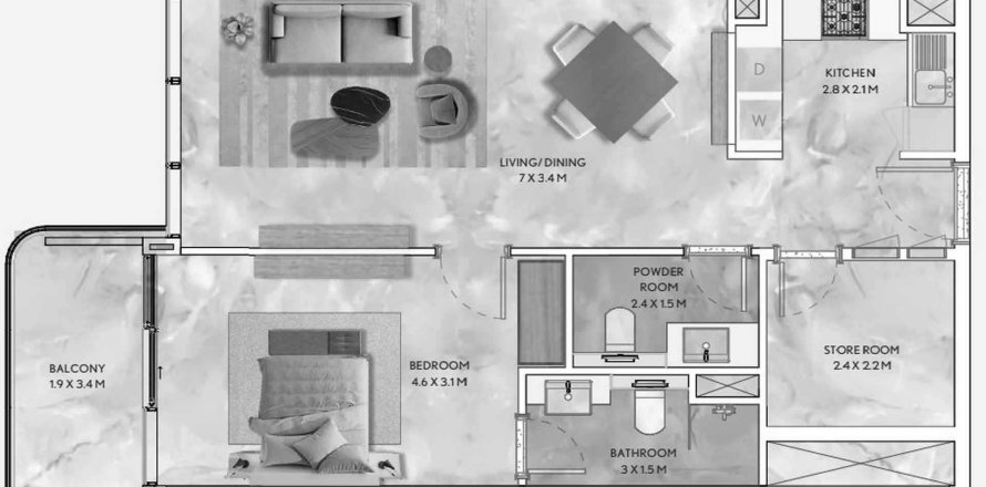 Планировка Квартиры «1BR» с 1 спальней в ЖК California Residences