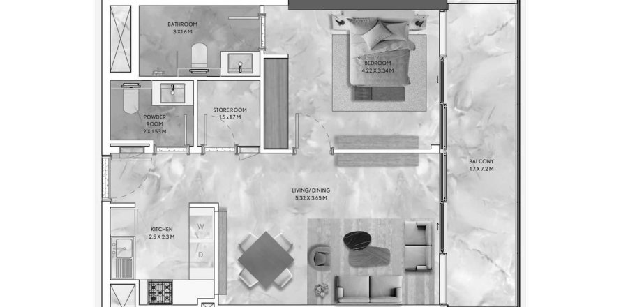 Планировка Квартиры «1BR» с 1 спальней в ЖК California Residences