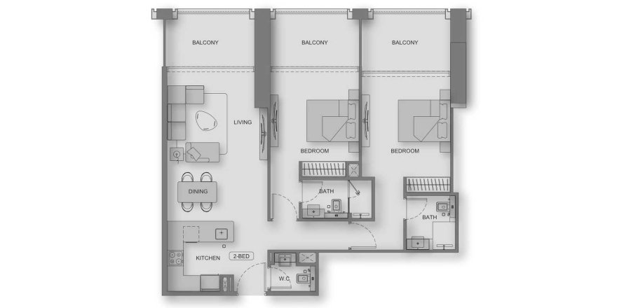 Планировка Квартиры «2BR» с 2 спальнями в ЖК Binghatti Moonlight