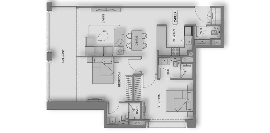 Планировка Квартиры «2BR» с 2 спальнями в ЖК Binghatti Moonlight