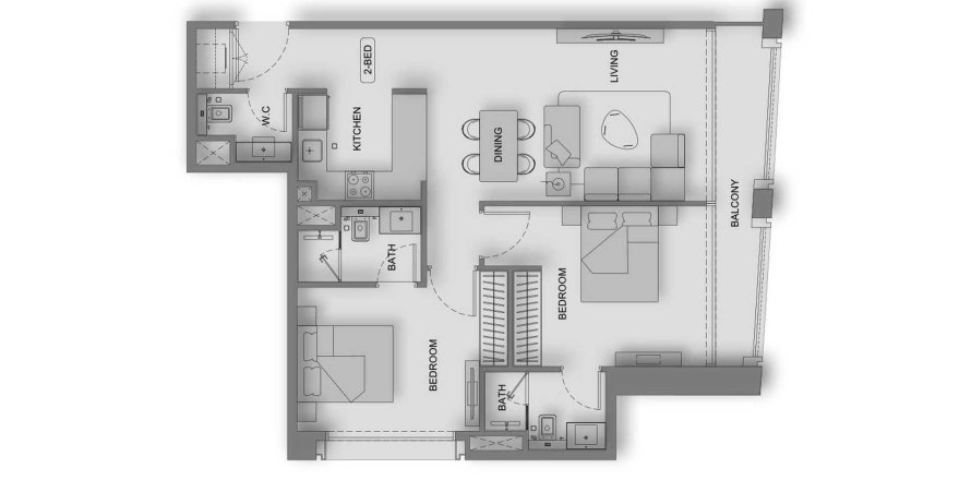 Планировка Квартиры «2BR» с 2 спальнями в ЖК Binghatti Moonlight